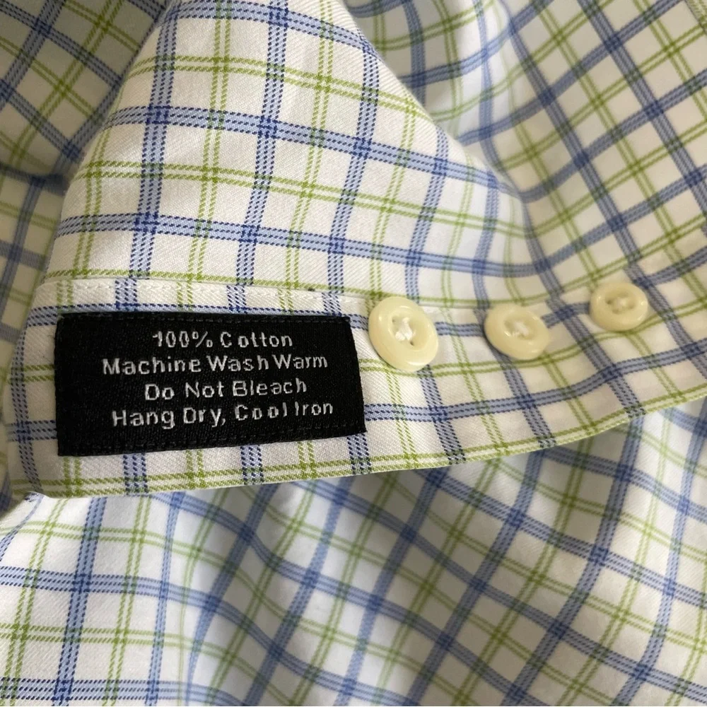 David Donahue Blue Green Tattersall Check Dress Shirt Neck 15.5 32/33 Preppy